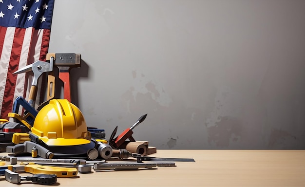 Wide view shot of a construction tools and american flag on wooden background labor day concept