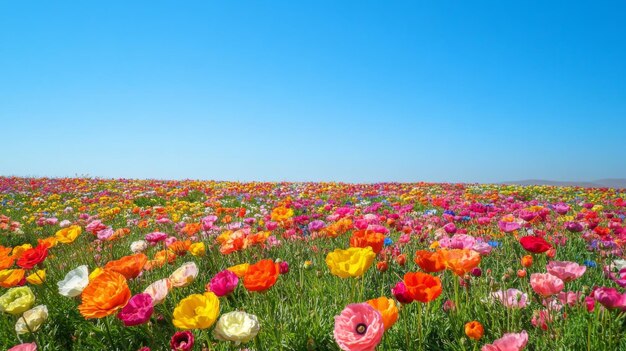 Photo wide view of a vibrant flower field with colorful blooms stretching to the horizon under a clear blue sky