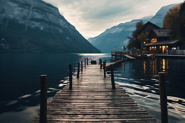 Wide view of wooden pier by the lake with mountain view