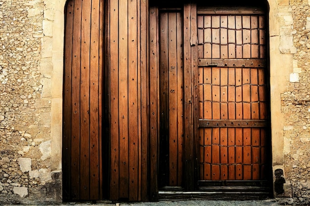 Wide wooden medieval door made of bars in beige stone wall