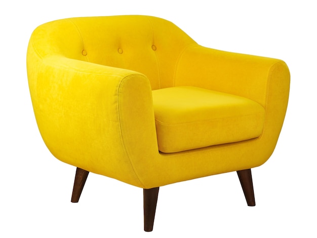 wide yellow upholstered armchair with fabric upholstery on wooden legs in retro style