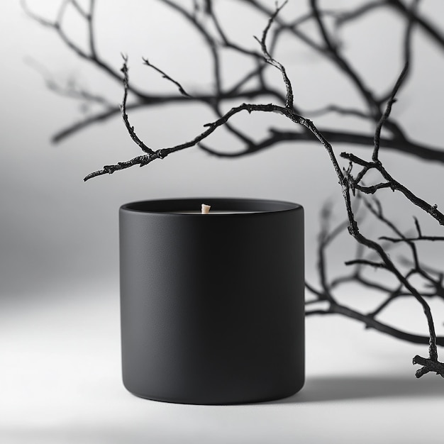 Photo wideangle hero shot luxury matte black candle in minimalist setting