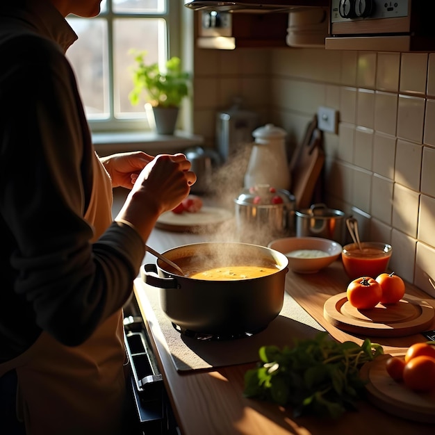 Photo a wideangle shot of a home kitchen with a person stirring a pot of soup on the stove