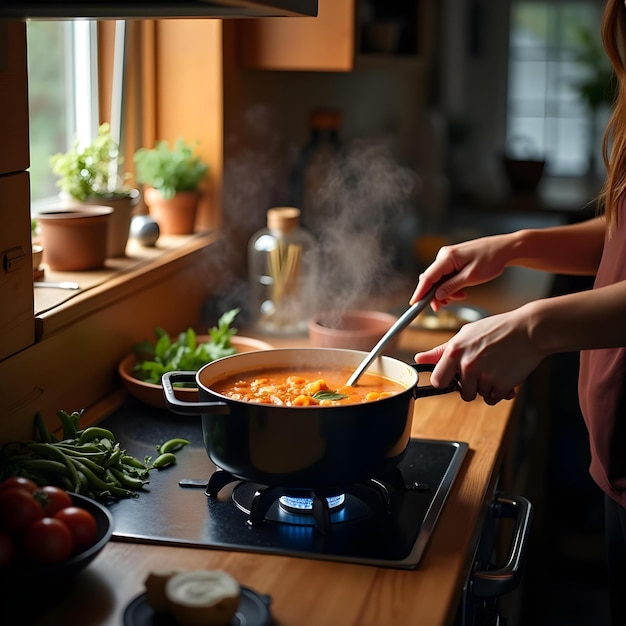 Photo a wideangle shot of a home kitchen with a person stirring a pot of soup on the stove