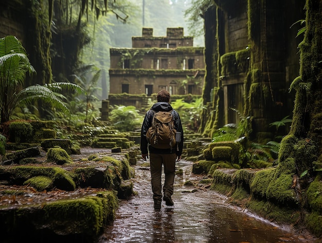 WideAngle Shot of Lone Hiker Journeying Across