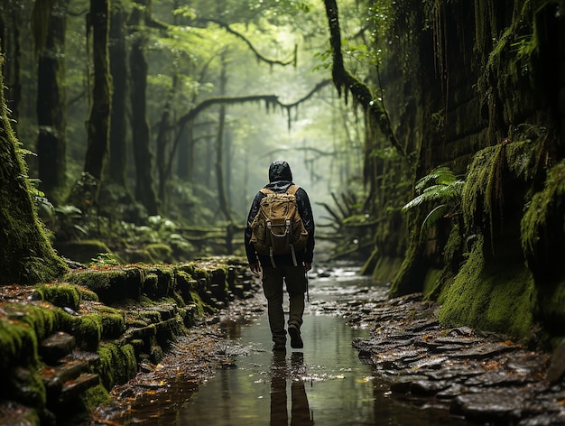 WideAngle Shot of Lone Hiker Journeying Across