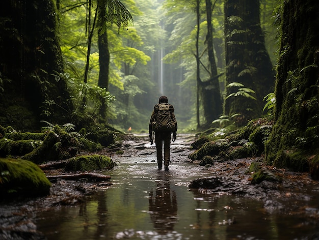 WideAngle Shot of Lone Hiker Journeying Across