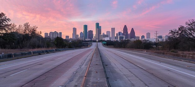 Photo a wideangle view of the city skyline from an empty highway in texas with visible buildings