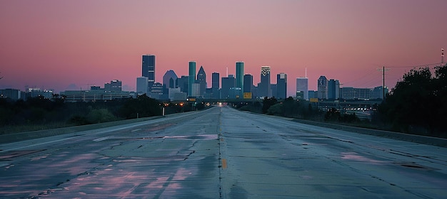 Photo a wideangle view of the city skyline from an empty highway in texas with visible buildings