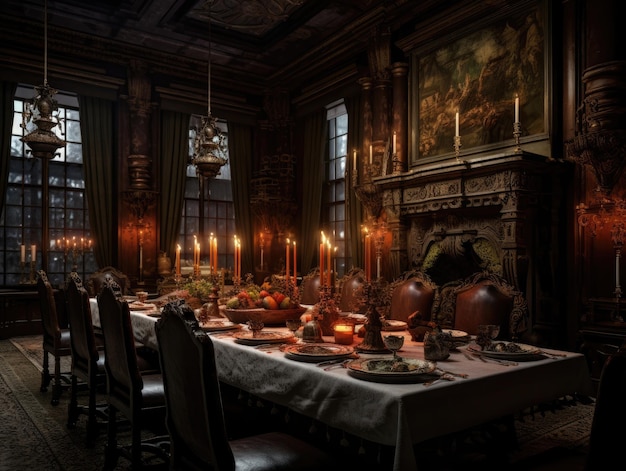 Wideangle view of a dining room with furniture a table and a French cabinet candlelight illuminates the room Generative AI