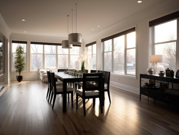 Wideangle view of a dining room with hardwood floors a dining table that matches the room and natural light that shines through windows