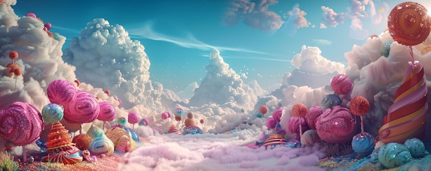 Wideangle view of a fantasy candy land with clouds and a colorful sky