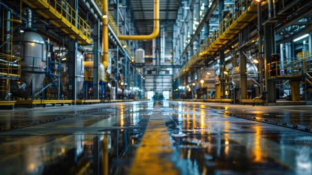 Wideangle view of an industrial factory interior featuring large machinery metallic structures and reflective surfaces