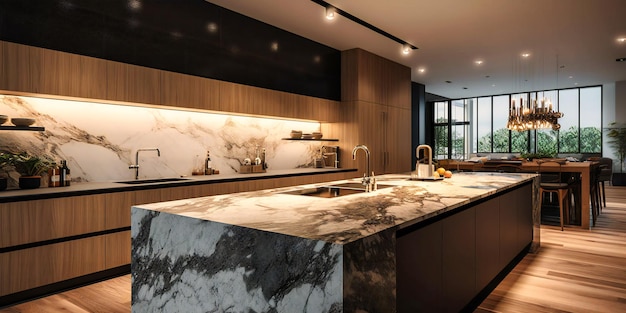 A wideangle view of a modern kitchen with topoftheline appliances sleek cabinetry and a marble counter top