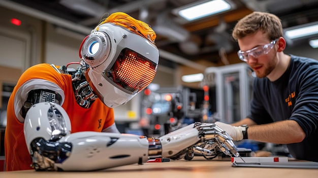 Photo wideangle view of a robotics lab with humanlike robots performing tasks alongside engineers highlighting automation and human replica technology