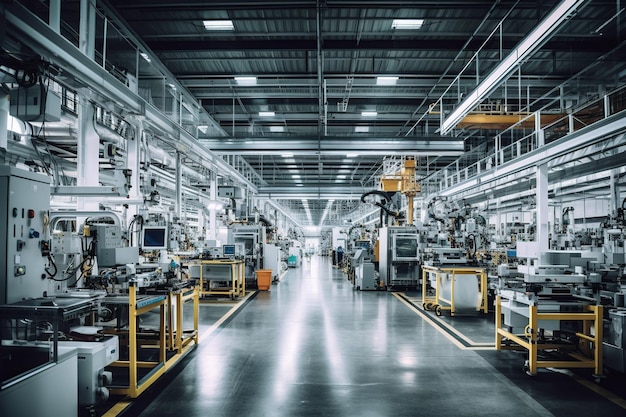 Wideangle view of a smart factory floor showcasing high automation and interconnected devices repr