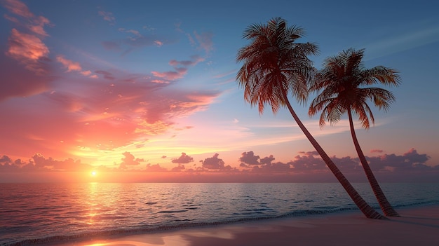 Wideformat tropical sunset with radiant palm silhouettes against a gradient sky of pink and blue hue