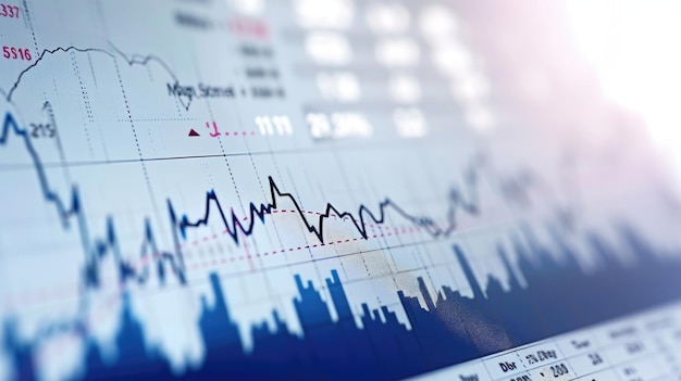 Widescreen abstract financial chart with an uptrend line graph and candlestick on a black and white color background