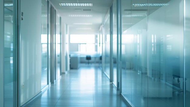 Widescreen photo of modern office space with transparent glass walls and panoramic city view Contemp