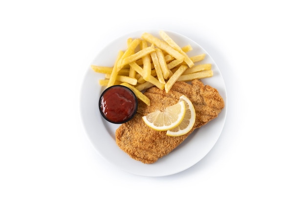 Wiener schnitzel with fried potatoes isolated on white background