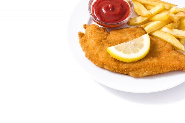 Wiener schnitzel with fried potatoes isolated on white