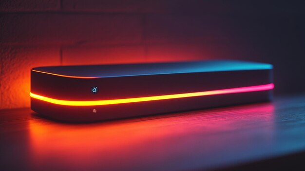 Photo wifi router with glowing led lights on a desk creating a vibrant and colorful ambient lighting effect