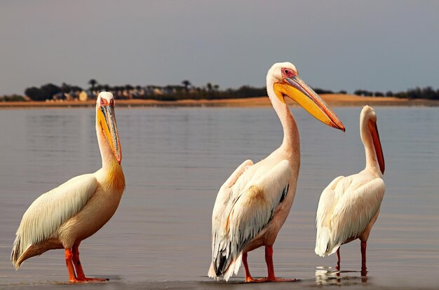 Wild african birds A group of several large pink pelicans stand in the lagoon on a sunny day