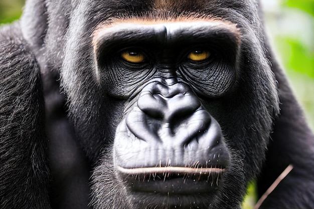 Wild African gorilla with yellow eyes in closeup portrait