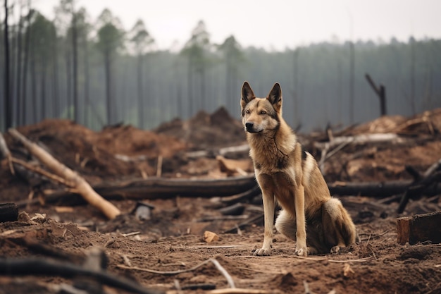 Wild animal in a deforested area on wildlife habitats Animal in the middle of a felled forest Deforestation's on Wildlife concept