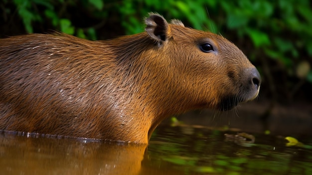 a wild animal in a pond with trees in the background.