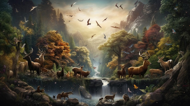 wild animals in the forest with a waterfall and birds flying above.