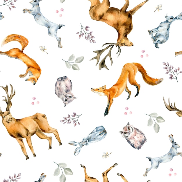 Wild animals hare fox owl deer watercolor seamless pattern isolated on white