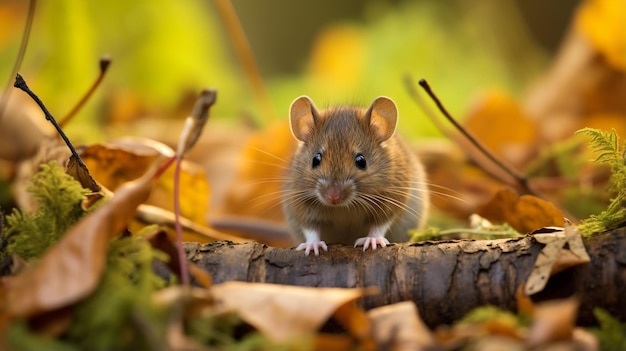 Wild Bank vole Myodes glareolus mouse posing on log on autumn scene forest floor AI Generative