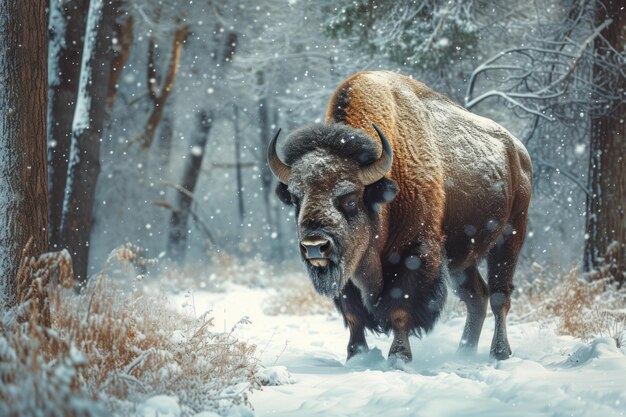 Photo wild bison animal snow forest generate ai