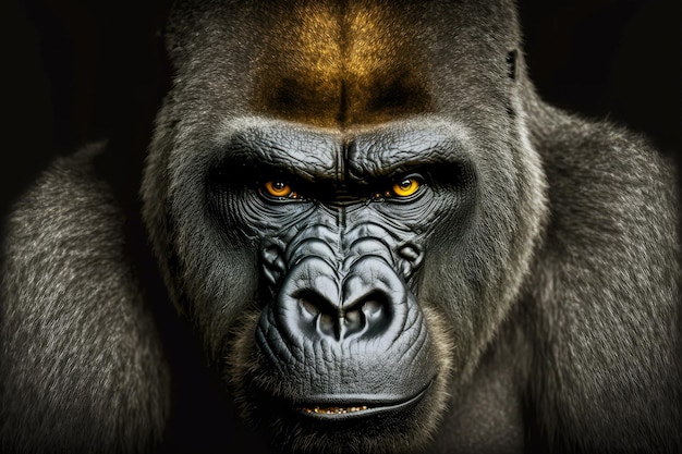 Wild black grey gorilla with yellow eyes staring into camera