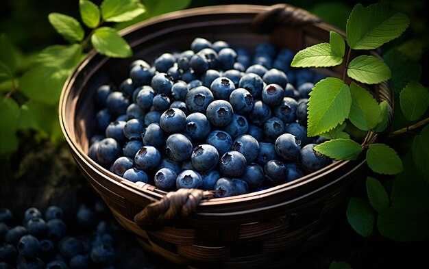 Wild Blueberries Arranged in a Basket with Nature Behind Generative AI