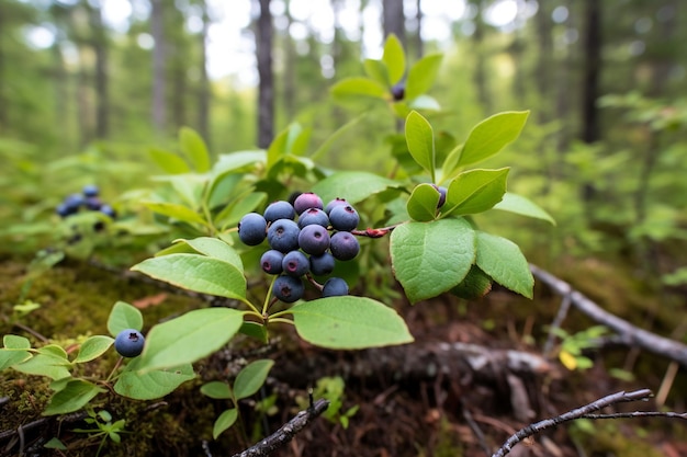 Wild blueberry bush with ripe berries in forest