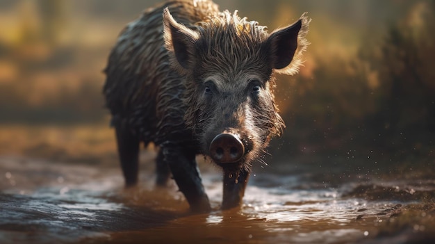 A wild boar in a pond with a golden background