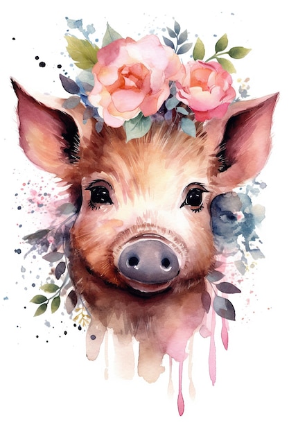 Wild boar watercolor clipart cute isolated on white background with Generative AI Technology