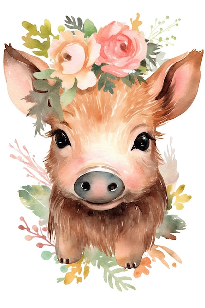 Wild boar watercolor clipart cute isolated on white background with Generative AI Technology