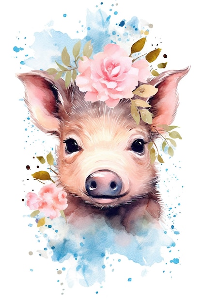 Wild boar watercolor clipart cute isolated on white background with Generative AI Technology