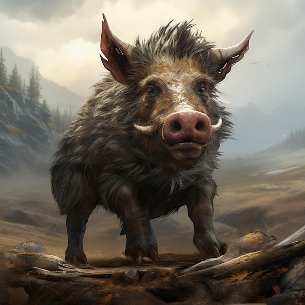 a wild boar with a long snout stands in a field of trees.