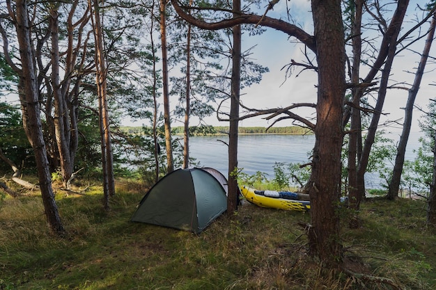 Wild camping tent and rubber boat in the forest by the sea on the island of Aegna on a summer day