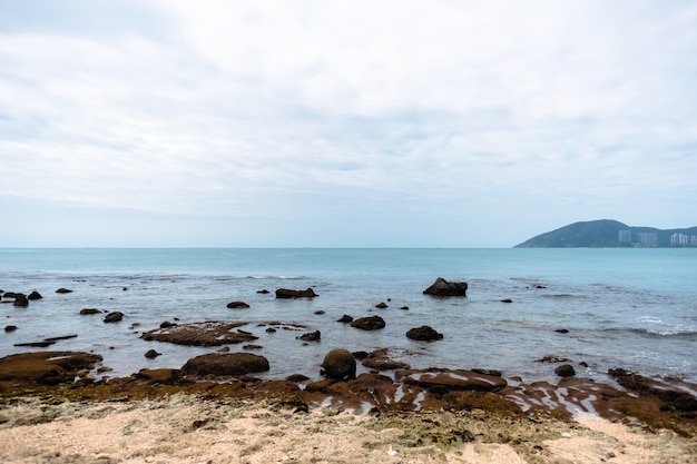 Wild coral beach on a cloudy day.