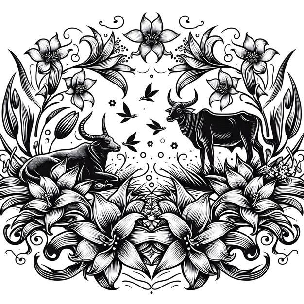 Photo wild cow flowers graceful intricate black and white logo