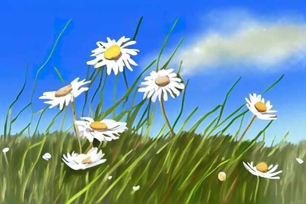 Wild daisies in the grass with a blue sky Generative Ai