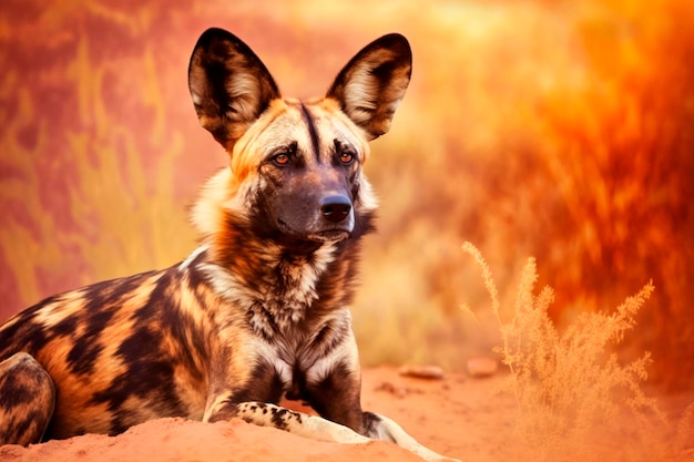 A wild dog with a brown and black face lies on a dirt road.