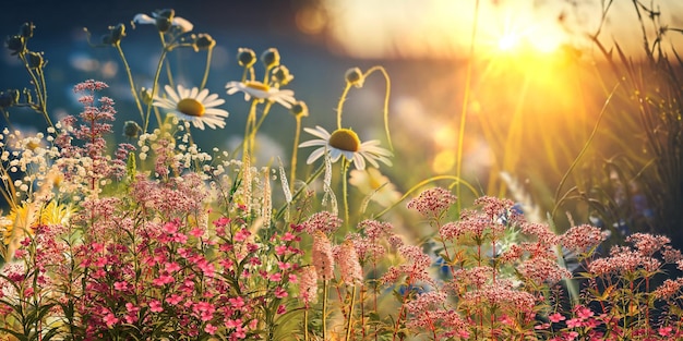 wild field flowers and green grass sun light meadow summer spring nature