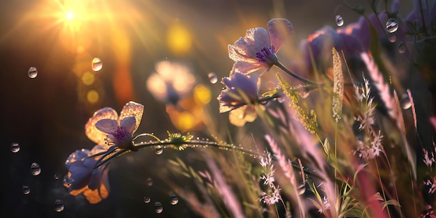 wild field flowers and green grass sun light meadow summer spring nature