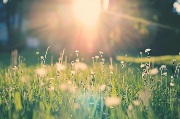 Wild field flowers and green grass sun light meadow summer spring nature